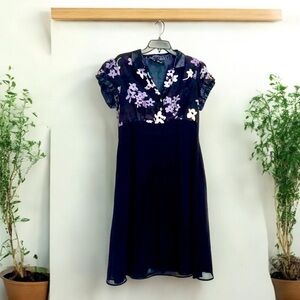 Black Embellished Pleated Midi Dress with Puff Sleeves